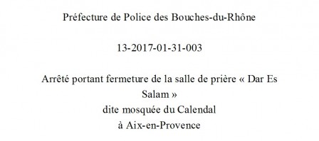 Fermeture mosquée Calendal 2017 Aix-en-Provence